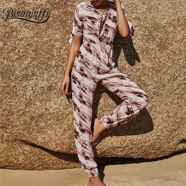 

tie neck printed high waist jumpsuits women fashion casual summer short sleeve jumpsuit long overalls female 210510, Black;white