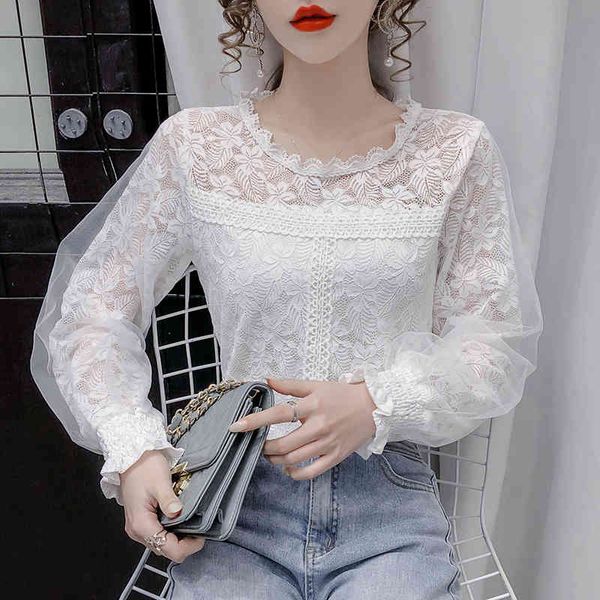 Mesh Spitze Vintage Bluse Frauen Weiße Dame Lange Ärmel Weibliche Lose Frühling Koreanische 's Shirts 525i 210420