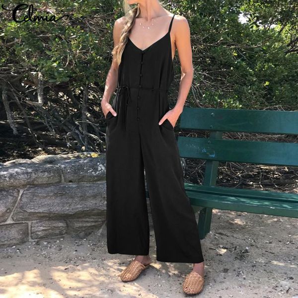 

women's jumpsuits & rompers celmia 2021 summer women retro long casual sleeveless buttons strap belted loose wide leg overalls s-5xl, Black;white