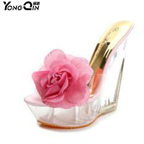 

wedge heel sandals high female 14cm flower crystal thick bottom rome shoes, Black