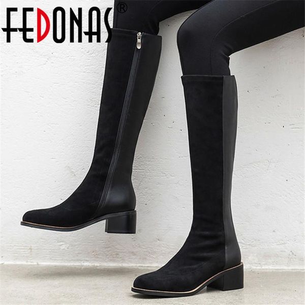 

knee high boots women autumn winter side zipper party basic shoes woman classic thick heel, Black