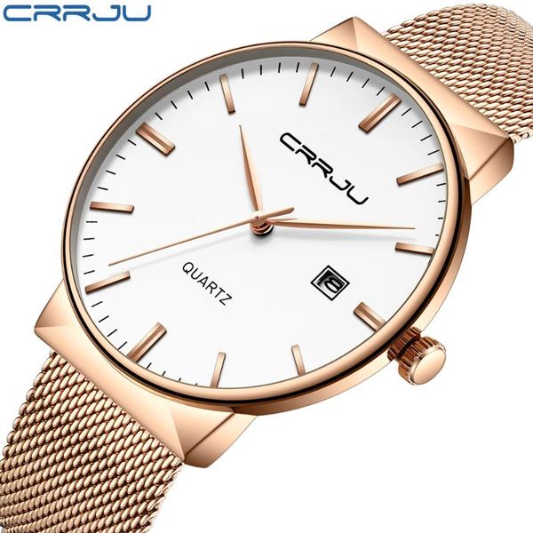 

wristwatches crrju fashion trend simple design men's ultra-thin watch stainless steel daily waterproof quartz wrist clock gift, Slivery;brown