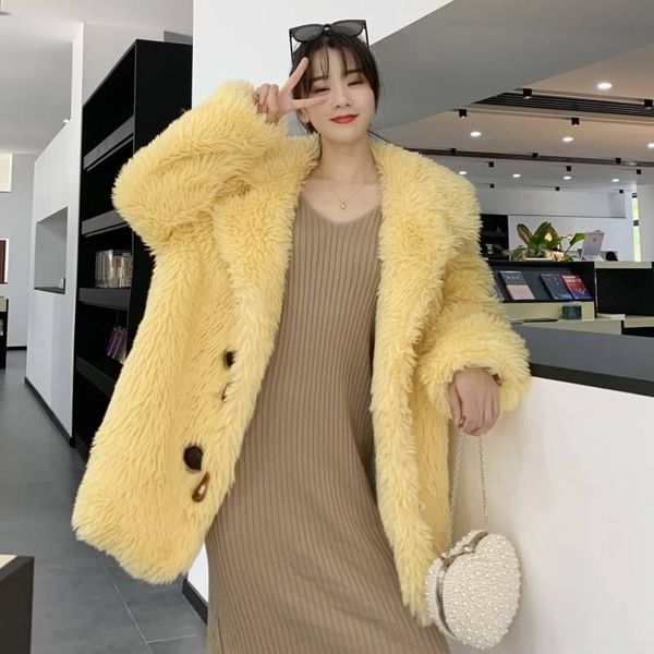 

women's fur & faux hstar 2021 women winter warm coat horn botton female thick teddy bear casual oversize solid outwears, Black