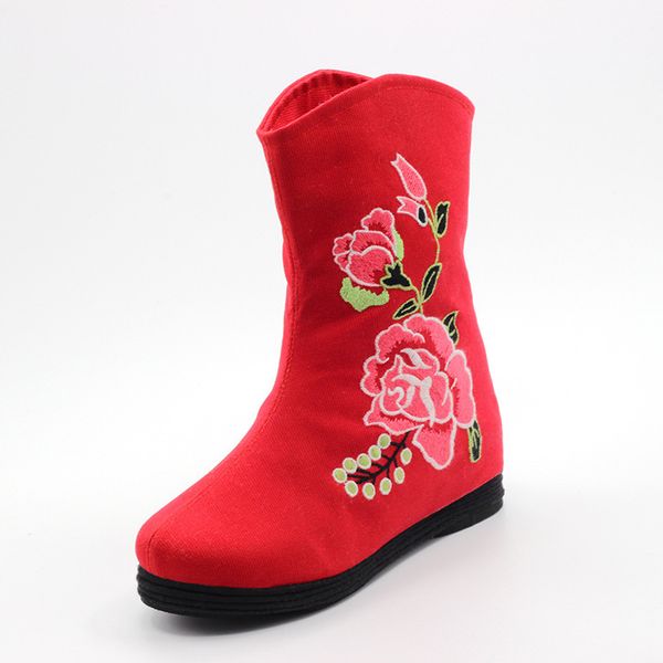 

old beijing cloth sho national style peony embroidered female boots, Black