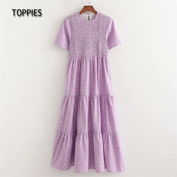 Летняя фиолетовая ромашка для печати Maxi платье для женщин тонкий каскадные оборками 210421