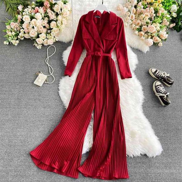 

spring autumn temperament suit collar slim long sleeve pleated wide leg pants jumpsuit trousers uk543 210506, Black;white