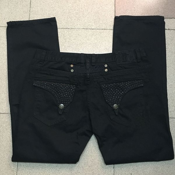 

fashion mens jeans with all black crystals studs on pockets cover soft denim pants men straight jean trousers gold wings clips zipper close, Blue