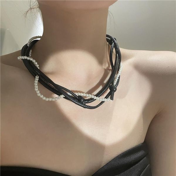 

chokers 2021 trendy choker black leather rope pearl multi-layer necklace clavicle chain for women fashion party jewelry gifts, Golden;silver
