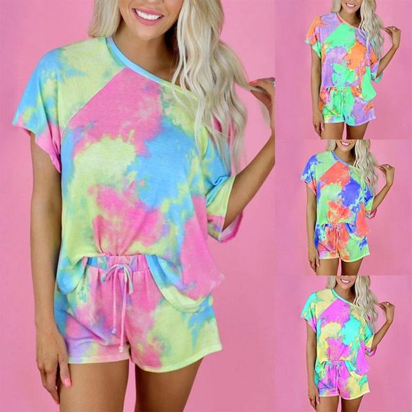 

women's tracksuits 2021 women short pullover shorts homewear sets summer o-neck tie-dye printed sleepwear ladies loose streetwear pajam, Gray