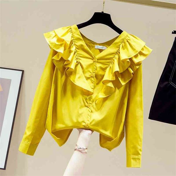 

autumn women's v neck long sleeves ruffles shirts female ladies shirt blouse a4070 210519, White