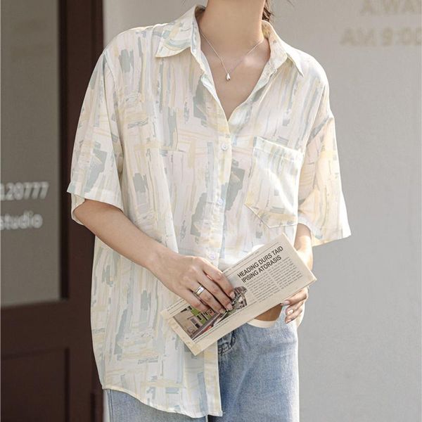 

women's blouses & shirts hzirip 2021 summer french print retro short shirt open stitch button plaid -neck blouse temperament all-match, White