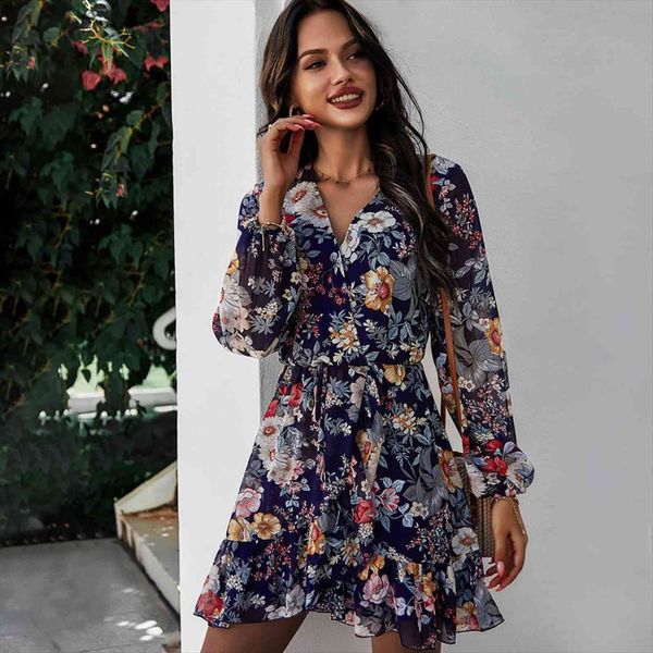 

summer vintage ruffles floral print womens dress v neck long sleeve chiffon a line slim female boho mini party vestidos, Black;gray