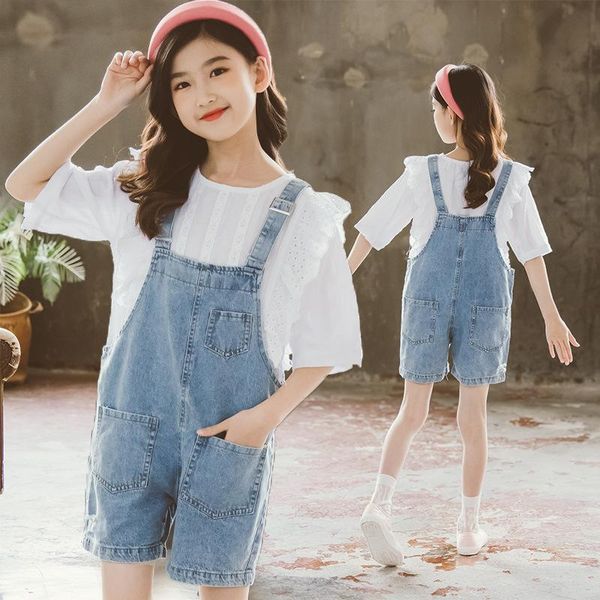 

girls summer denim set 2021 children's strappy pants two-piece kids clothes clothing sets, White
