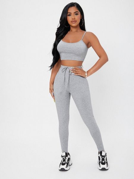 

petite marled cami crop & tie front leggings set i2m3#, White