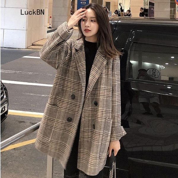 

women's wool & blends women plaid coat korean chic winter ladies loose casual tweed coats female blazer suit jackets office, Black
