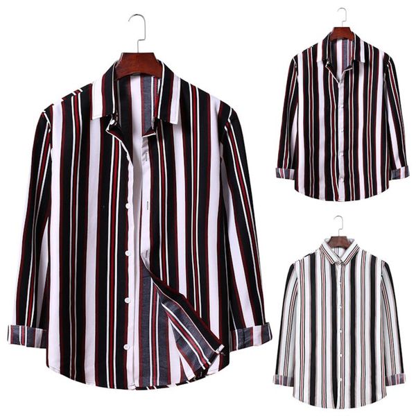 

men's casual shirts fashion men shirt long sleeve slim stripe lapel button male turn down collar, White;black