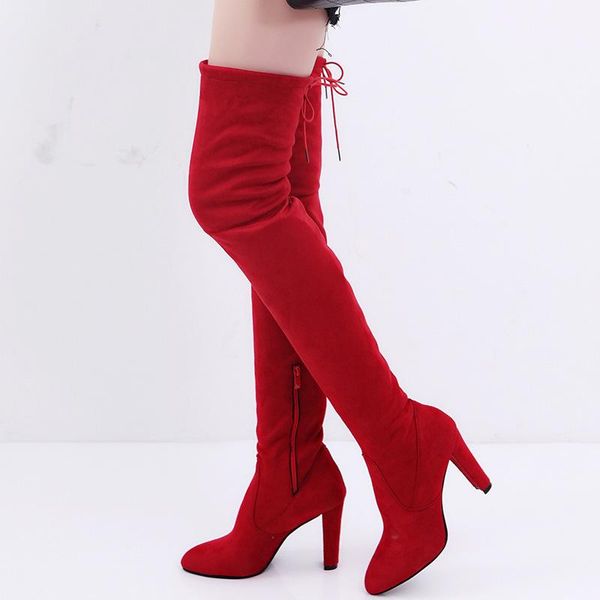 

boots 2021 party fashion suede leather shoes women over the knee heels stretch flock winter high botas, Black