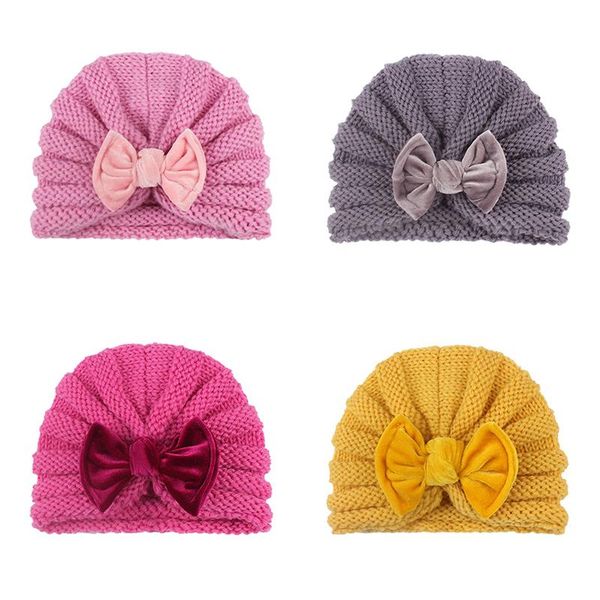 

caps & hats autumn winter baby hat velvet bow kids girl bonnet solid color crochet infant toddler beanie knitted turban head wraps, Yellow