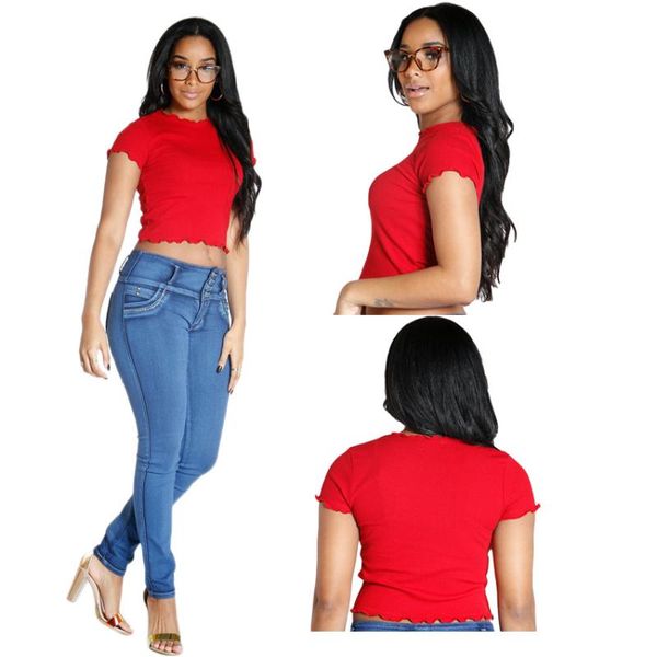 

women's t-shirt solid color fashion short sleeve open navel with ear edge, jeans and skirt all can worn on the street, White