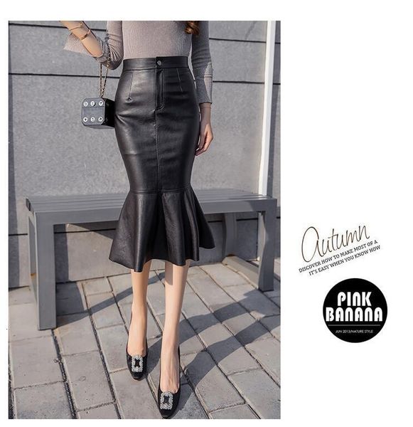

2021 black autumn winter elegant pu leather women skirt fashion package hip high waist slim mermaid feminina
