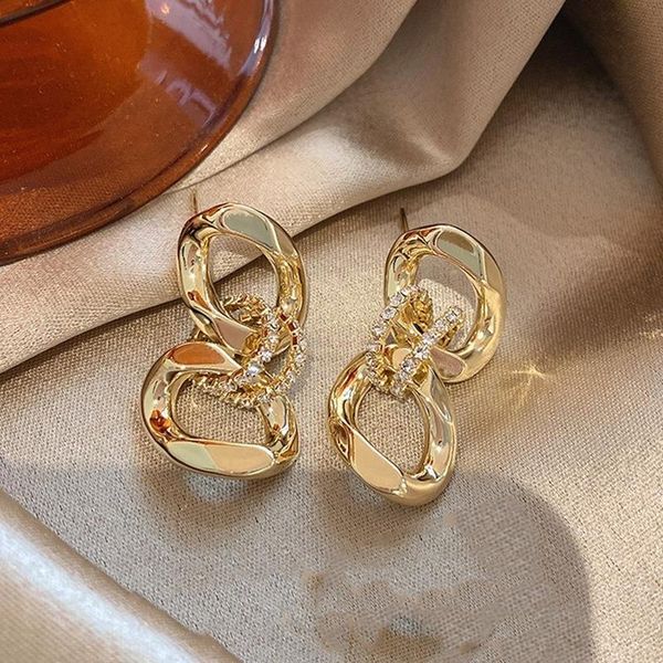 

minar korea shinning rhinestone link earrings for women gold color metal chunky chain long dangle minimalist jewelry & chandelier, Silver