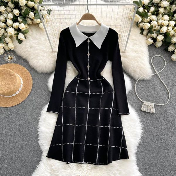 

casual dresses fashion dress slim temperament age reducing plaid sweater knitted a-line for women, Black;gray