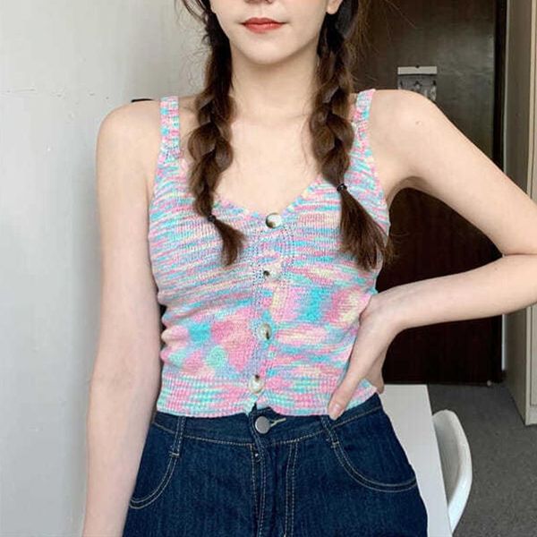 

women's tanks & camis women button down camisole tie dye print sleeveless spaghetti strap knit crop knitted cami vintage casual y2k fa, White