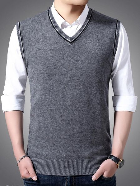 

men's premium quality sleeveless sweater vest autumn spring cotton knit wool men business v-neck vests, Black;white