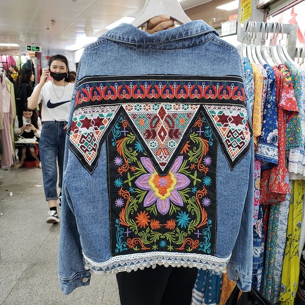 Nuovo design donna primavera autunno moda denim jeans sciolto ricamo geometrico bohemia giacca cappotto casacos
