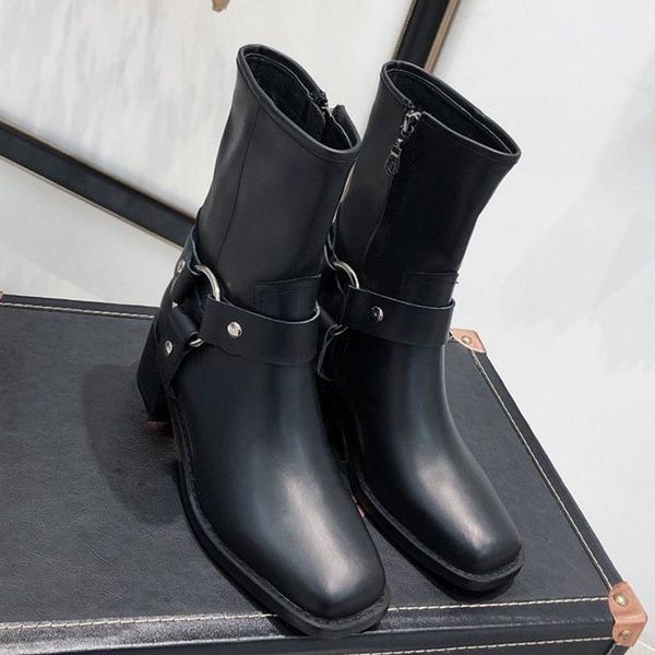 

boots women high heel genuine leather square toe motorcycle spring style iron ring belt rivet short-tube women's 0agy, Black