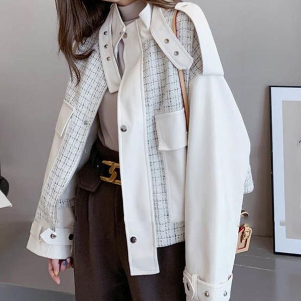 

women's jackets autumn tweed jacket women spliced pu leather loose plaid motorcycle vintage fashion outwear female celebrity harajuku s, Black;brown