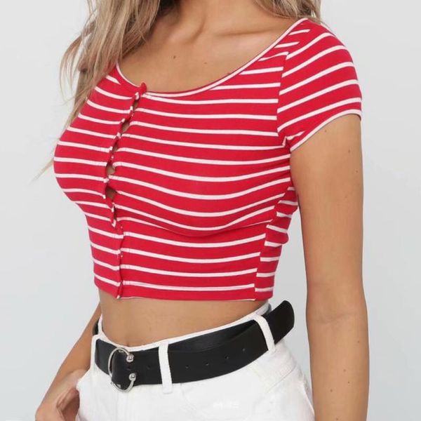 

women's t-shirt summer crop women casual buttons slim short sleeve tees threaded knitted cotton t-shirts black red striped fem, White