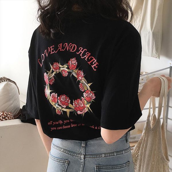 

halajuku summer rose letter printed womens t shirts fashion loose casual short sleeve female, White