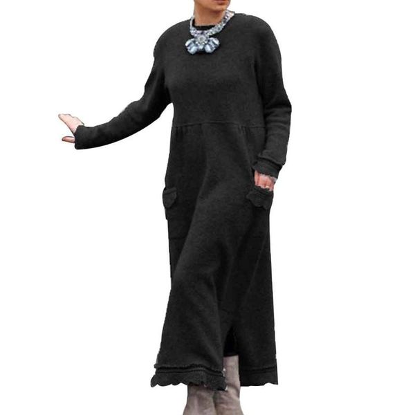 

casual dresses autumn winter warm women knitted dress long sleeve vintage fashion with pockets crew neck solid street maxi loose pullover, Black;gray