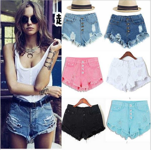 

women's jeans high waist denim shorts fashion hole wash ultra open button short, Blue