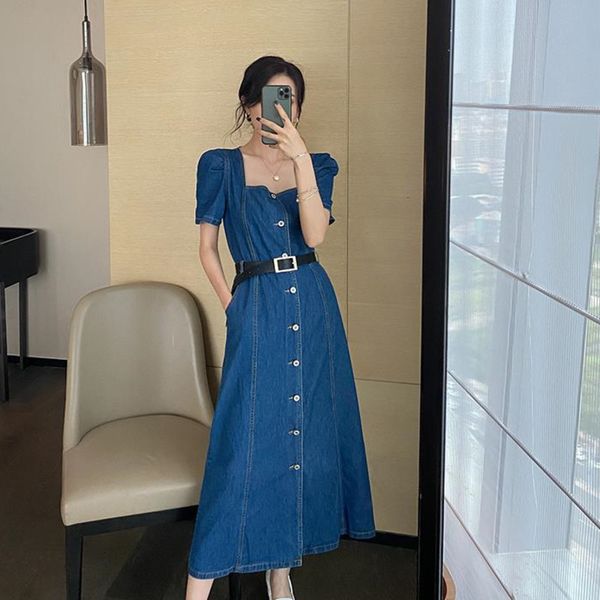 

casual dresses elegant denim dress woman summer 2021 thin square collar midi robe puff short sleeve sashes tunics korean vestido z, Black;gray