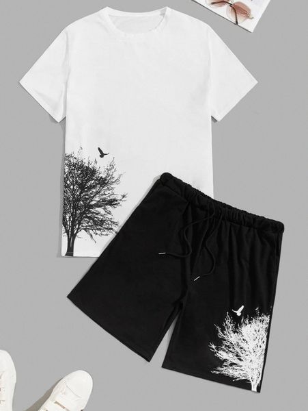 

men tree and bird print tee & drawstring waist shorts a22c#, Gray