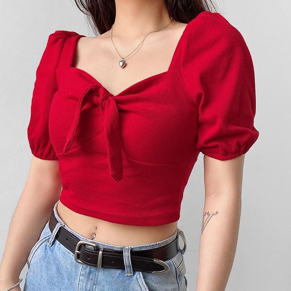 

women solid color square neck t-shirts, bowknot puff short sleeve slim fit knit crop women's t-shirt, White
