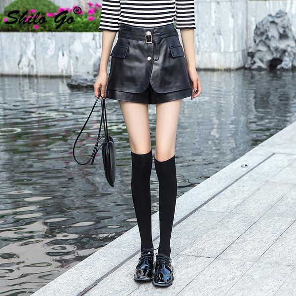 

women's shorts high street solid skirts women autumn buttons front buckle belted sheepskin genuine leather concise a line, White;black