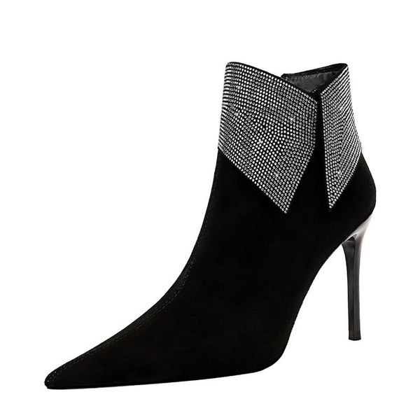 

boots luxury rhinestones flock women's elegant thin high heels autumn winter warm ankle fashion party shoes woman botas, Black