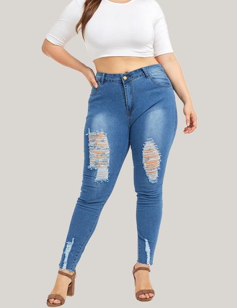 

women's jeans fashion ripped for women casual plug size trousers stretch denim pencil pants, Blue