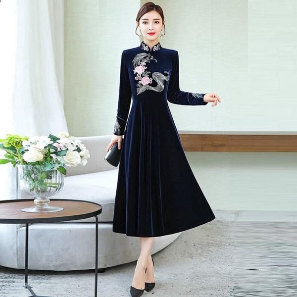 

women winter elegant cheongsam dress embroidery velvet female long party robe femme chinese qipao vestidos ta2476 ethnic clothing, Red