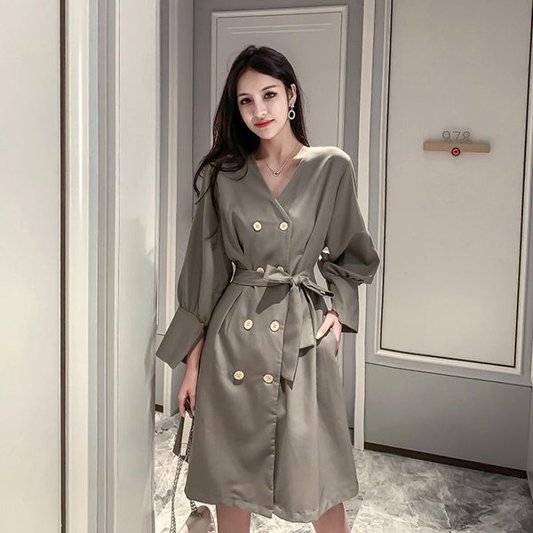 

casual dresses arrival women's fashion elegant solid formal dress comfortable vintage double-breasted cute long a-line, Black;gray