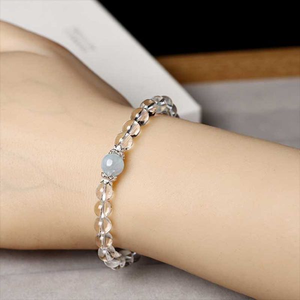 

beaded, strands rock crystal quartz bracelet with aquamarine bead for women fashion simple bangles 6mm natural stone jewelry accessories, Black