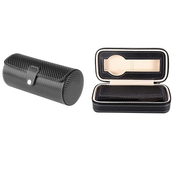 

watch boxes & cases 2 grids pu leather travel storage case (black) roll 3 slot wristwatch necklace bracelet jewelry box, Black;blue