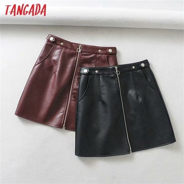 

tangada autumn winter women solid faux leather skirts faldas mujer zipper female mini skirt 1y25 210401, Black