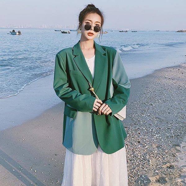 

women's suits & blazers [ewq] korea chic temperament green blazer women's autumn 2021 notched loose single button spliced long slee, White;black