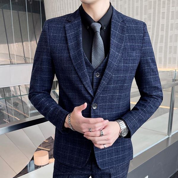 

plaid suit men's business casual three piece korean slim groom wedding man dress suits & blazers, White;black
