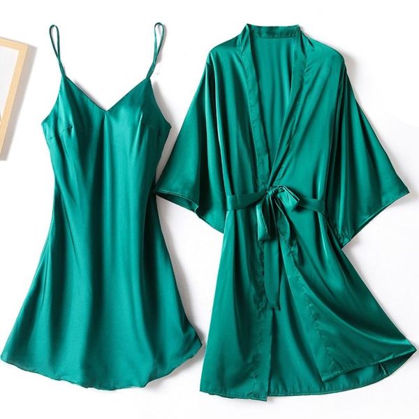 

women's sleepwear 2pcs robe set kimono bathrobe gown female satin casual nightgown intimate lingerie nightwear bridal wedding gift, Black;red