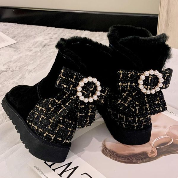

boots women's natural suede leather fabric patchwork slip-on flats snow beading bow tie decoration short ankle winter shoe, Black